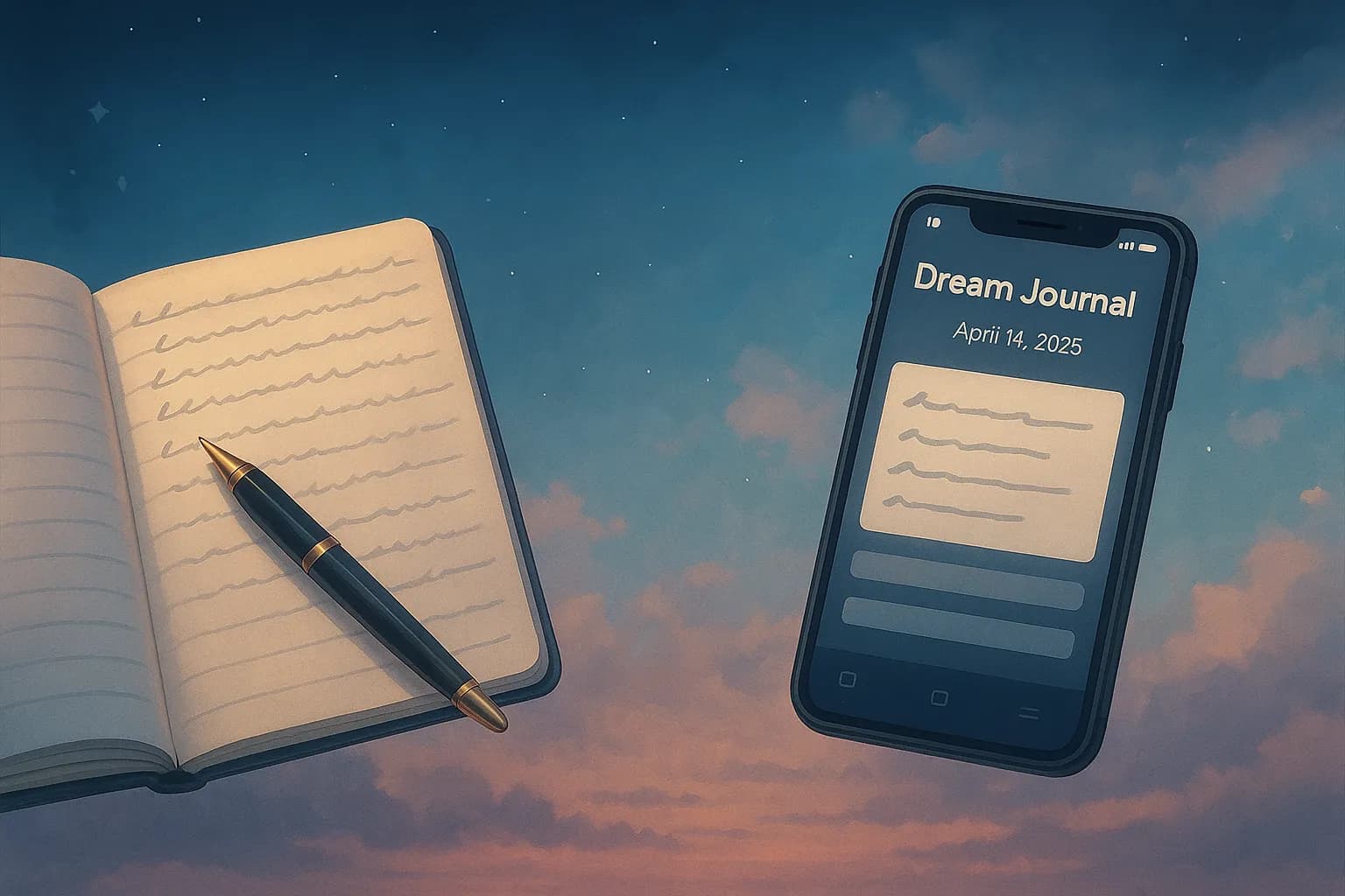 手書きの夢日記とスマートフォンが並んだ幻想的な空間で、それぞれが淡い光を放っている様子。